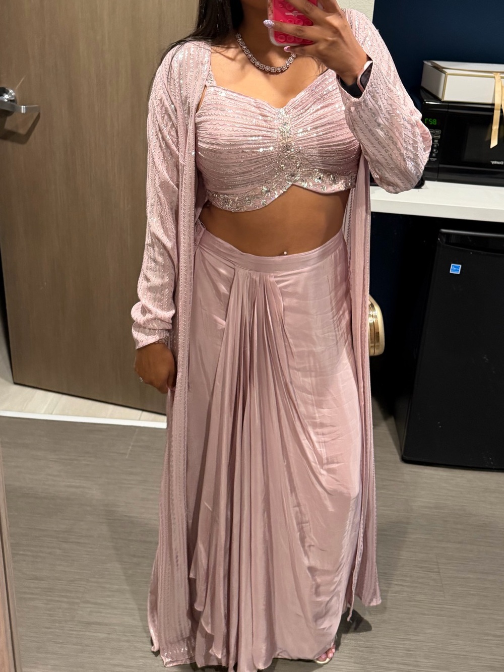 Blush Pink Sequined Crop Top with Draped Maxi Skirt Set
